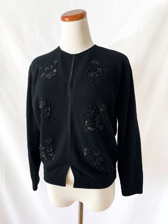 1950s beaded cardigan black lambswool and angora … - image 2