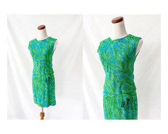 vintage 1960s  linen 2 piece skirt / dress set / blue green / neiman marcus / small