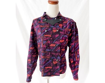 cache d'or / vintage 80s blouse / wool and leather top  / pink and black abstract 1980s print /  us size 8