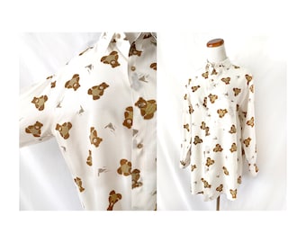 ary cooper / teddy bear blouse / vintage 1980s button-down shirt / oversized 80s shirt / small medium