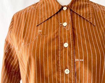 1970&#39;s Nik Nik Math Graph Half Button-down Shirt Brown Striped Blouse Small