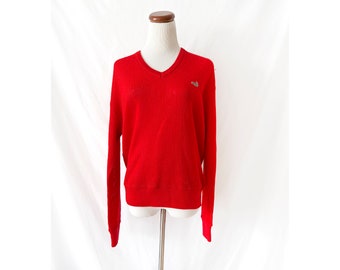 vintage 70s red vneck sweater crocodile logo unisex  medium