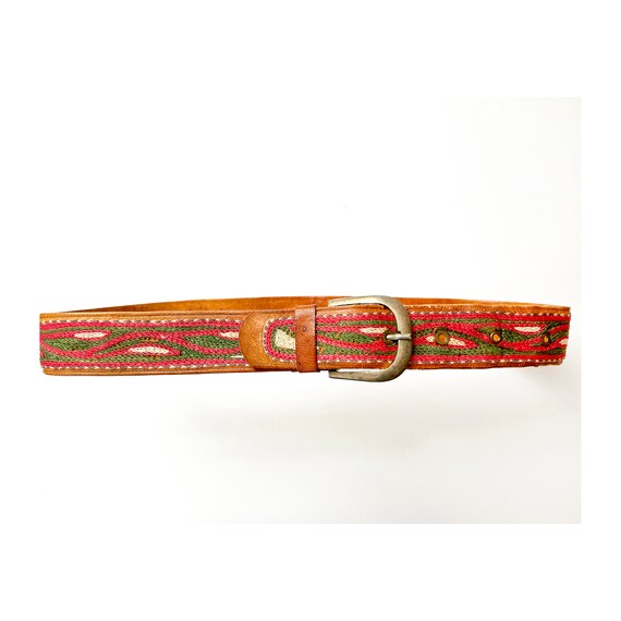 vintage embroidered leather belt / african  pink … - image 1