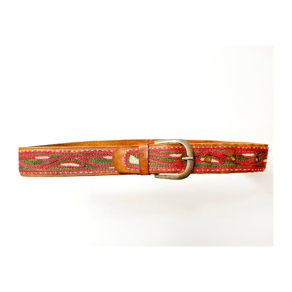 vintage embroidered leather belt / african  pink and green small