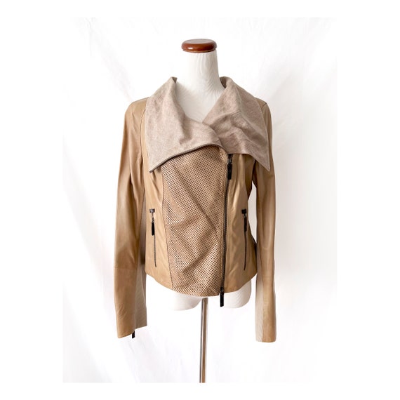 vintage beige leather and linen jacket large