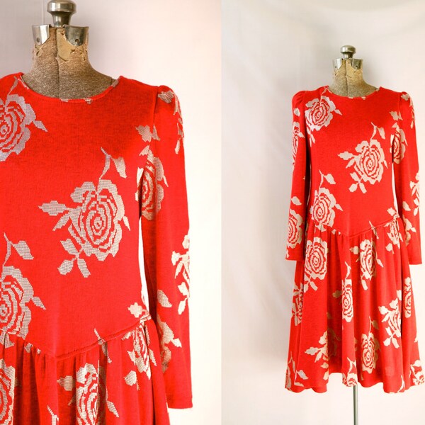 Vintage 1980's  Sweater Dress Red and Silver Rose Long Sleeve Drop Waist