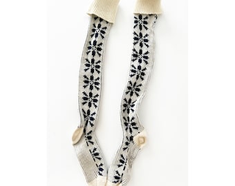 vintage 1970s knit snowflake socks / knee high socks / blue and white