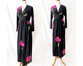 vintage 1970s maxi dress large purple flowers on black long sleeve empire waist vneck medium