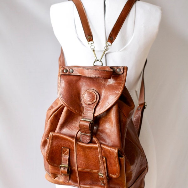 Vintage Backpack . Brown Leather Satchel . Made in Italy