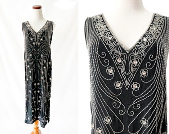 vintage 1980s art deco sequined beaded silk black dress medium  large