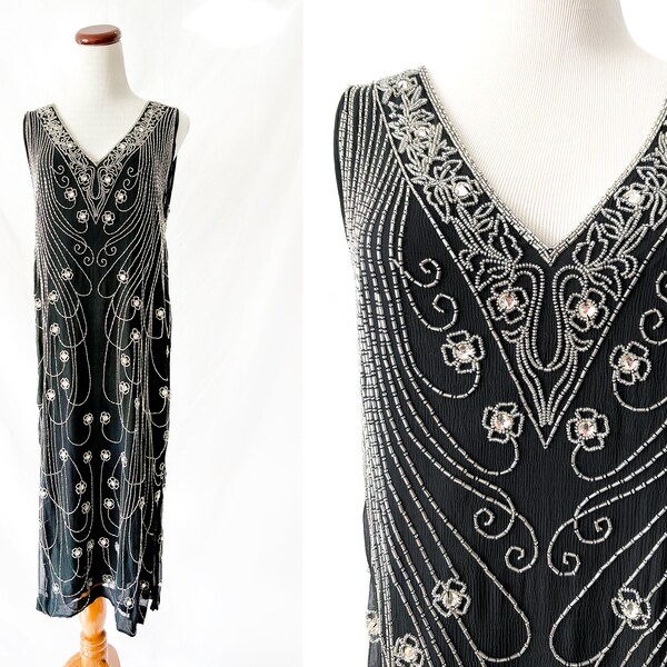 vintage 1980s art deco sequined beaded silk black dress medium  large