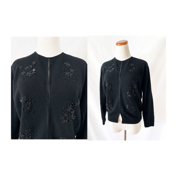 1950s beaded cardigan black lambswool and angora … - image 1