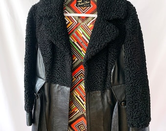 Vintage 70s Black Leather & Lamb Fur Belted Jacket - Small