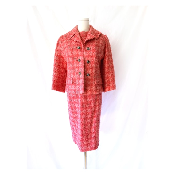 1960s Black and White Tweed Skirt Suit with Red Lining main image 1