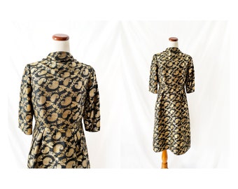 vintage 1950s embroidered gold paisley black silk dress, size 6