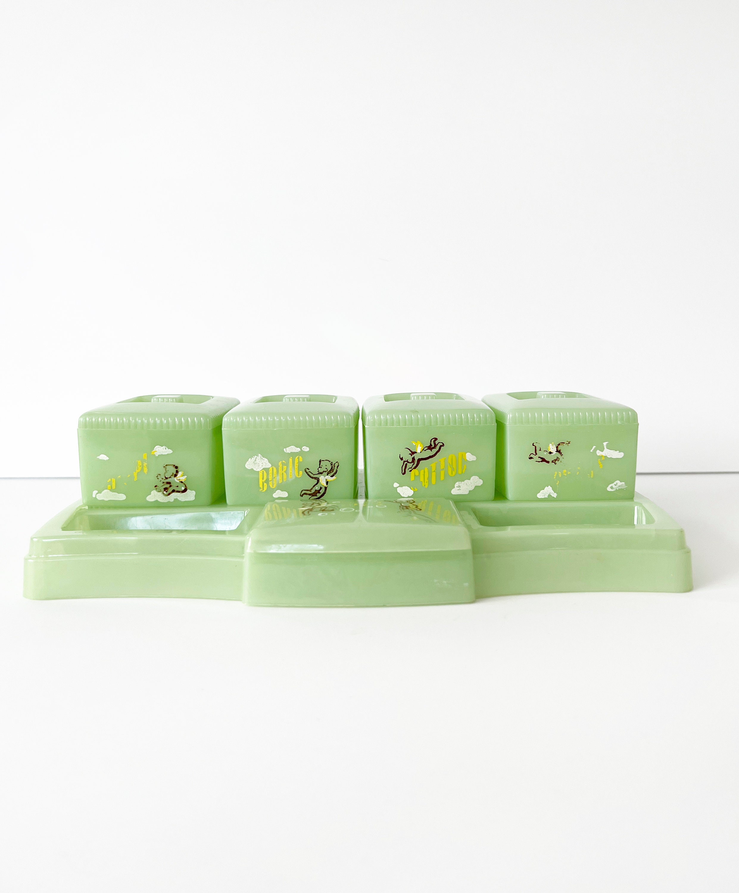 1950s Vintage Baby Vanity Set and Storage, Celluloid Nursery Tray and