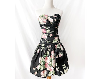 vintage 90s floral mini dress / strapless / moda intl / wedding guest dress / prom / size 4