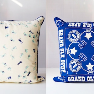 grand ole opry /vintage scarf pillow cover / ponies / nashville / blue and white / handmade pillow cover / country western music image 2