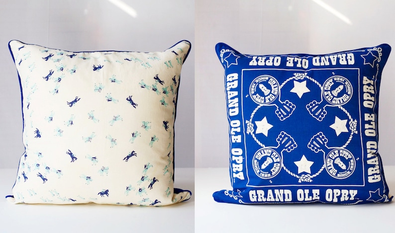 grand ole opry /vintage scarf pillow cover / ponies / nashville / blue and white / handmade pillow cover / country western music image 2