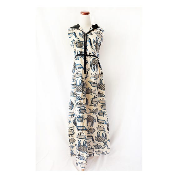 Vintage African Korhogo Dress , Hand Printed Maxi dress Medium