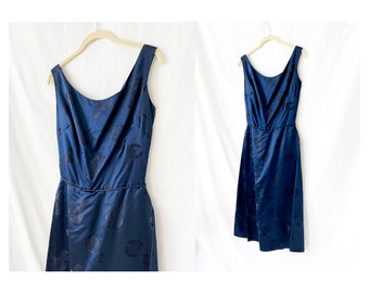 1950s / 1960s vintage dark blue chinese silk dress xs - small