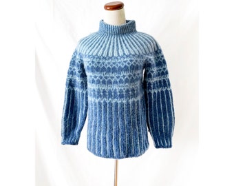 Original Vintage 1950s Danish Wool Sweater Hand Knit Blue Scandinavian Fair Isle Knit Pullover jumper Small