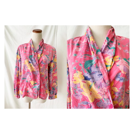 Vintage 80s Floral Shawl Collar Blouse, 1980s Vint