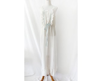 vintage white cotton nightgown with blue ribbon medium