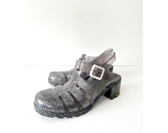 jelly shoes 1990s vintage chunky heel jelly shoes / 90s glitter silver jellies / mary janes club kid / 1990s style so cool / us size 9