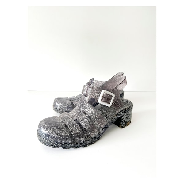 jelly shoes 1990s vintage chunky heel jelly shoes / 90s glitter silver jellies / mary janes club kid / 1990s style so cool / us size 9