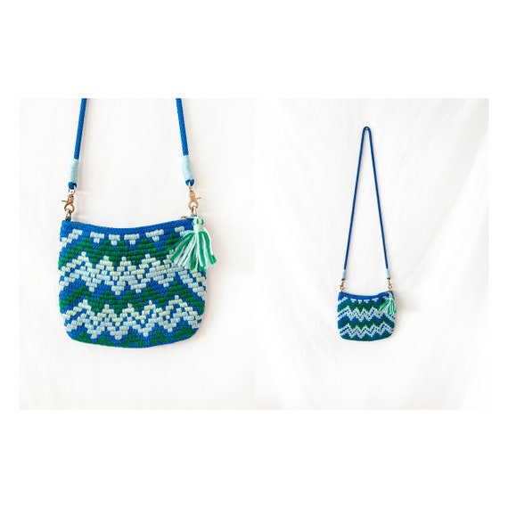 vintage 70s blue and green yarn woven purse - image 1