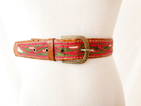 vintage embroidered leather belt / african  pink … - image 4