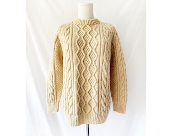 70s Cream Wool Cable Knit Sweater, Vintage Fisherman's Sweater, Medium / Large