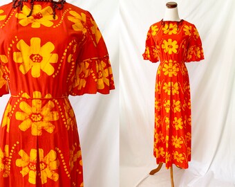 sale vintage 1960s hawaiian dress / seed neckline / floral maxi dress / empire waist / small