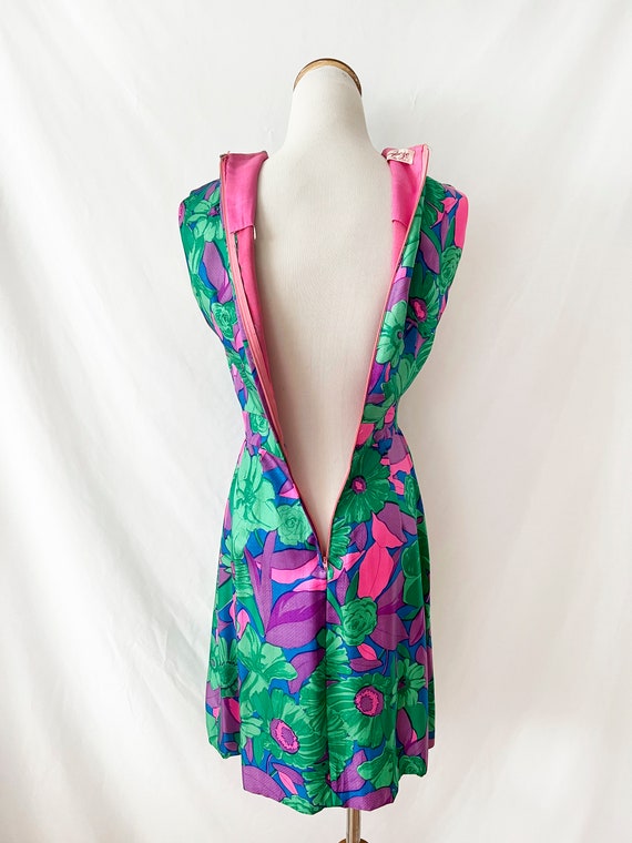 vintage 60s floral silk dress pink purple green b… - image 9