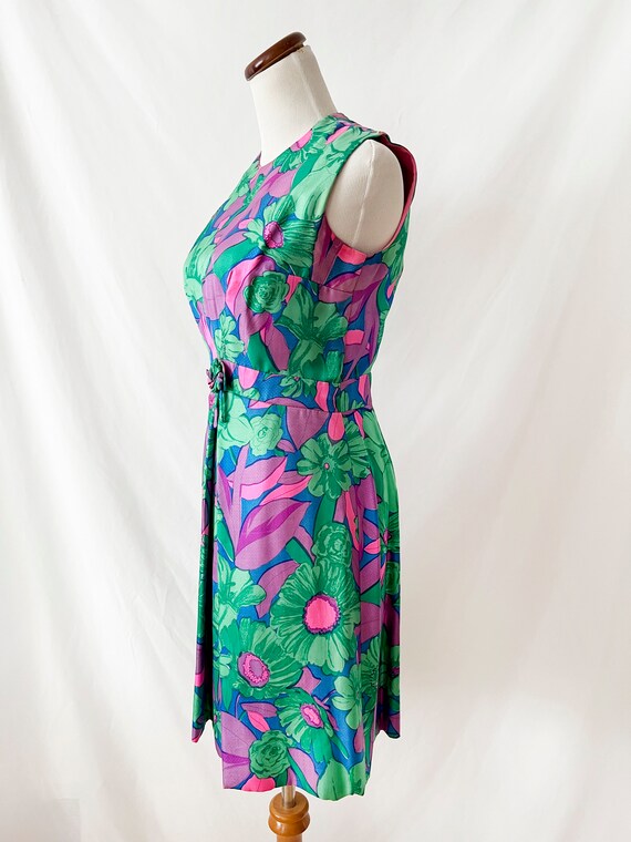vintage 60s floral silk dress pink purple green b… - image 4
