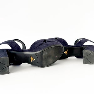 Op de afbeelding: Een paar donkerblauwe su&egrave;de sandalen met enkelbandjes. De sandalen hebben een blokhak en de merknaam "Prada" is zichtbaar op de zool.
