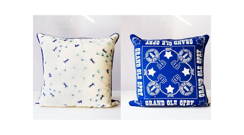 grand ole opry /vintage scarf pillow cover / ponies / nashville / blue and white / handmade pillow cover / country western music image 1