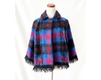 the scotchhouse / vintage 1960s scottish mohair plaid cape /blue red black / one size