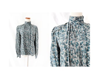 1980s Ungaro Solo Donna Silk Blouse / Vintage 1980s Floral  Blouse /  Blue Flowers / Pleated  High Neck / Jewel Buttons / Size 6