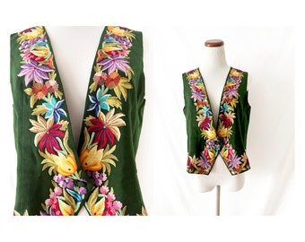 1960s vintage floral embroidered wool  vest  /  medium