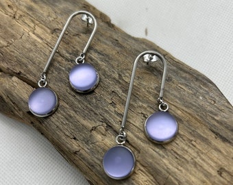 Purple Stainless Silver Sea glass dangly Earrings for Women; beach glass earrings, blue sea glass earrings, birthday gift for her
