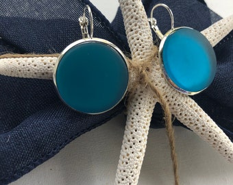 Aquamarine Sea Glass Earrings: Stainless Silver Lever Back, Handmade