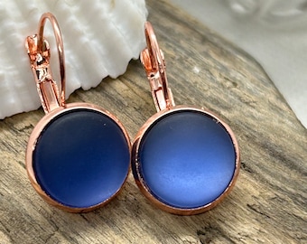 Blue Rose Gold Sea glass Lever back Earrings for Women; beach glass earrings, cobalt blue glass earrings, birthday gift, best friend gift