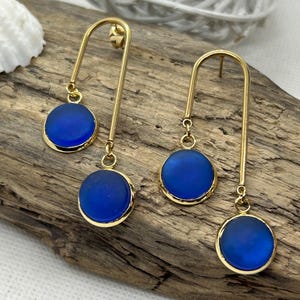 Royal Blue Stainless Silver Sea glass dangly Earrings for Women; beach glass earrings, blue sea glass earrings, birthday gift for her