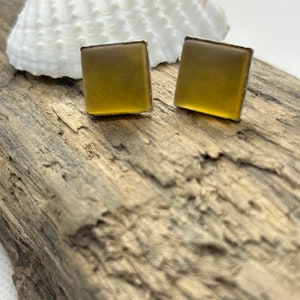 Butter Yellow Gold Sea Glass Square Stud Earrings for Women, Beach Jewelry, Best Selling Items, Teacher Gift, Square Stud Earrings, mermaid