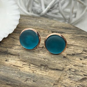 Aquamarine Blue Rose gold  Sea glass stud Earrings for Women; beach glass earrings, blue sea glass earrings, ocean lover earrings