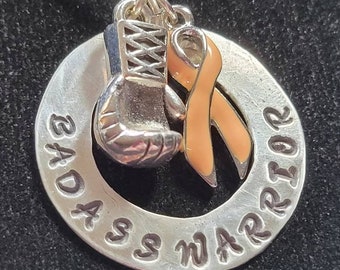 Badass Uterine Cancer Warrior Necklace, Uterine Cancer Warrior Jewelry, Peach Uterine Cancer Awareness Ribbon, Uterine Cancer Survivor Gift