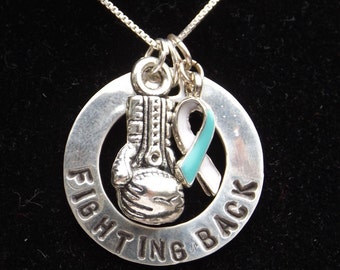Fighting Back Against Cervical Cancer Necklace, Cervical Cancer Ribbon Necklace, Teal and White Awareness Ribbon, Cancer Awareness Jewelry