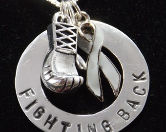 Fighting Back Awareness Necklace, Gray Awareness Ribbon Necklace, Brain Cancer Warrior, Brain Tumor Warrior, Parkinson's Disease Warrior